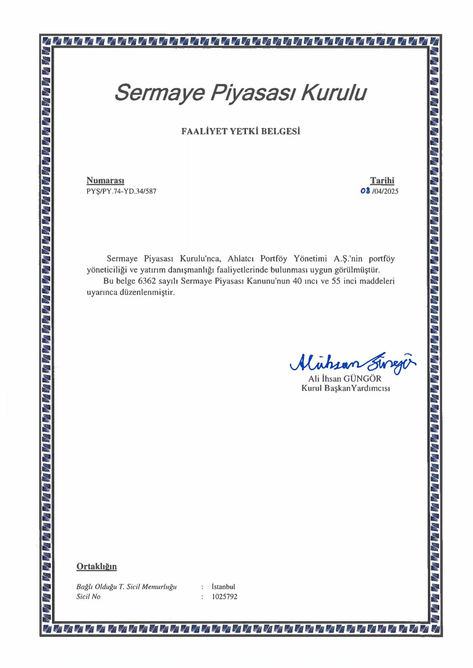 SPK Faaliyet Yetki Belgesi